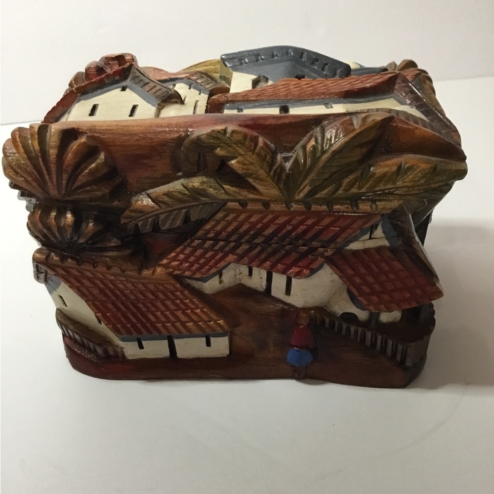 Fabulous Vintage Wooden Carved Jewelry/Trinket Box With Tropical Landscape. Rare - Picture 5 of 6